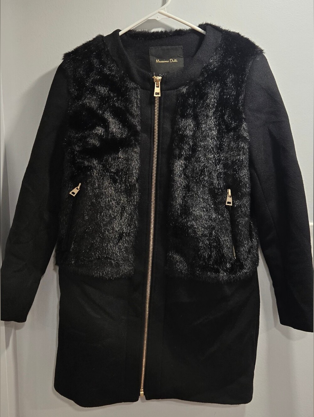 Massimo Dutti Black Mixed Texture Coat Faux Fur Panel Zip Up Size 2